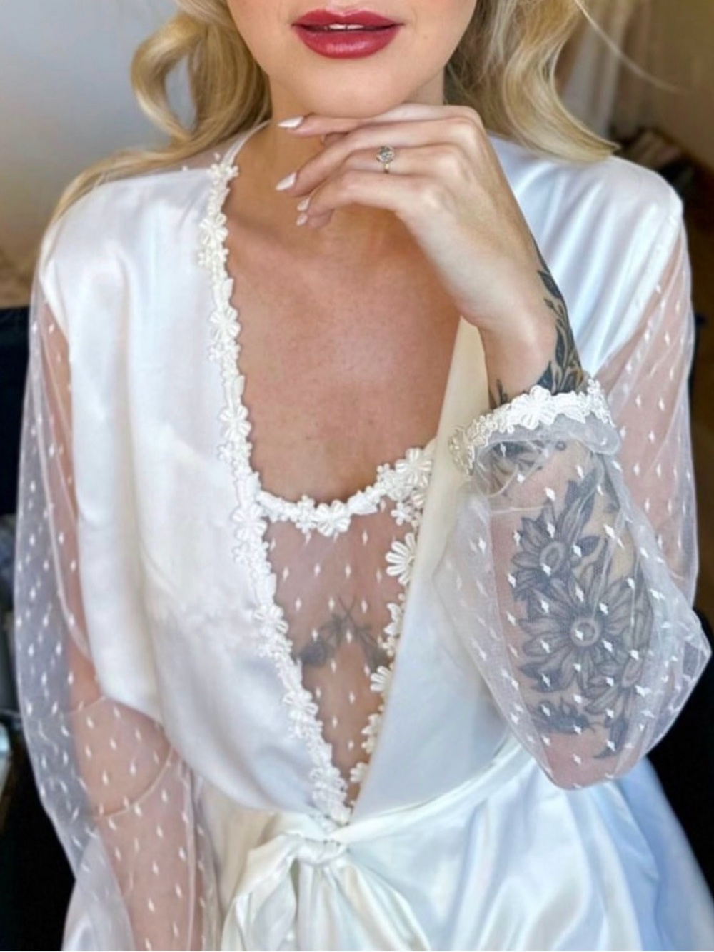 Bridal Floral Lace White Lingerie Slip Chemise and Robe Set